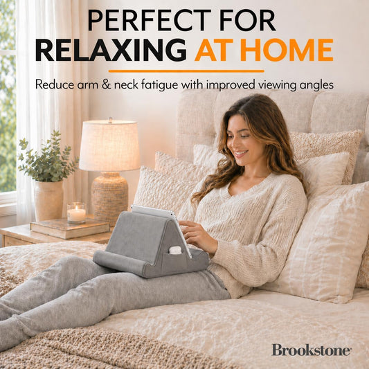 Brookstone Tablet Lap Cushion - Tablet/Phone/Ebook Holder for Bed, Flights, and Travel, Memory Foam Lap Desk for Reading and Hands Free Viewing, Compatible iPad and Kindle Accessories, Grey