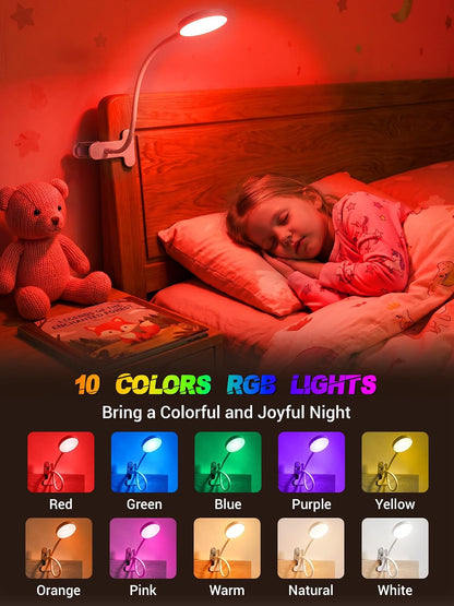 Clip on Light,10 Colors RGB Desk Lamp with Clamp,10 Dimmable Reading Lamp | 500 Lumen Eye-Caring Clip on Lamp,360° Adjustable Clip on Reading Light for Bed/Headboard/Bedside Table/Bedroom,USB Adapter