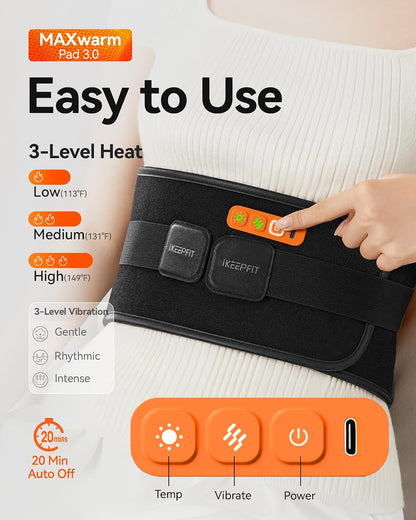 IKEEPFIT Portable Heating Pad for Back, Cordless Wearable Heat Belt with Massager for Lower Back Pain Relief, Battery Powered 8000 mAh Rechargeable, MAXwarm® 3.0, Gift for Women Men 90-310 lbs