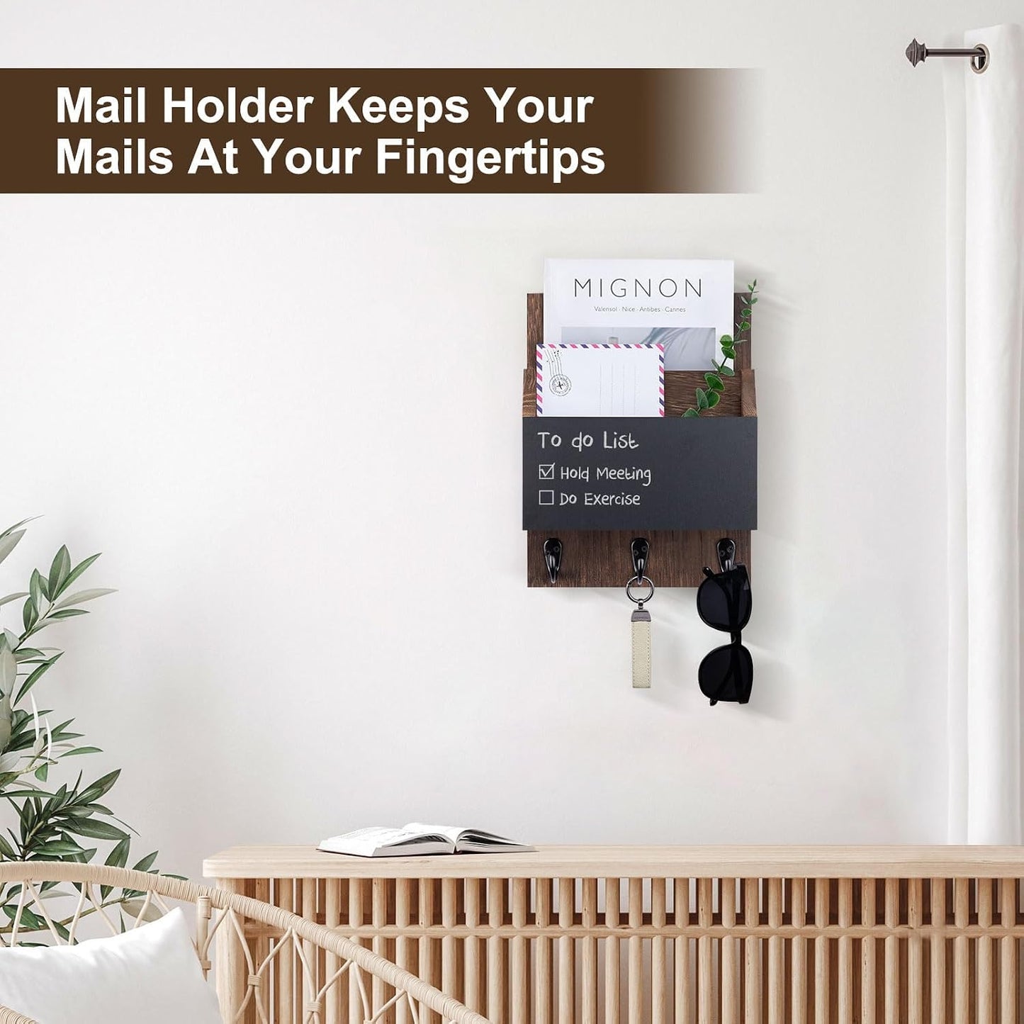 Key and Mail Holder for Wall Mount, Mail Holder with Chalkboard | Mail Organizer with 2 Slot, Key Holder with 3 Sturdy Hooks for Coat, Dog Leash, Decorative Key Rack (8.86”W x 11.42”H x 3”D)