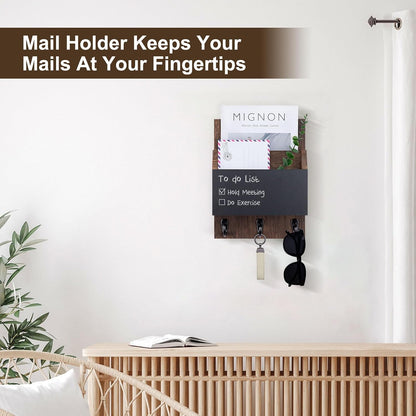 Key and Mail Holder for Wall Mount, Mail Holder with Chalkboard | Mail Organizer with 2 Slot, Key Holder with 3 Sturdy Hooks for Coat, Dog Leash, Decorative Key Rack (8.86”W x 11.42”H x 3”D)