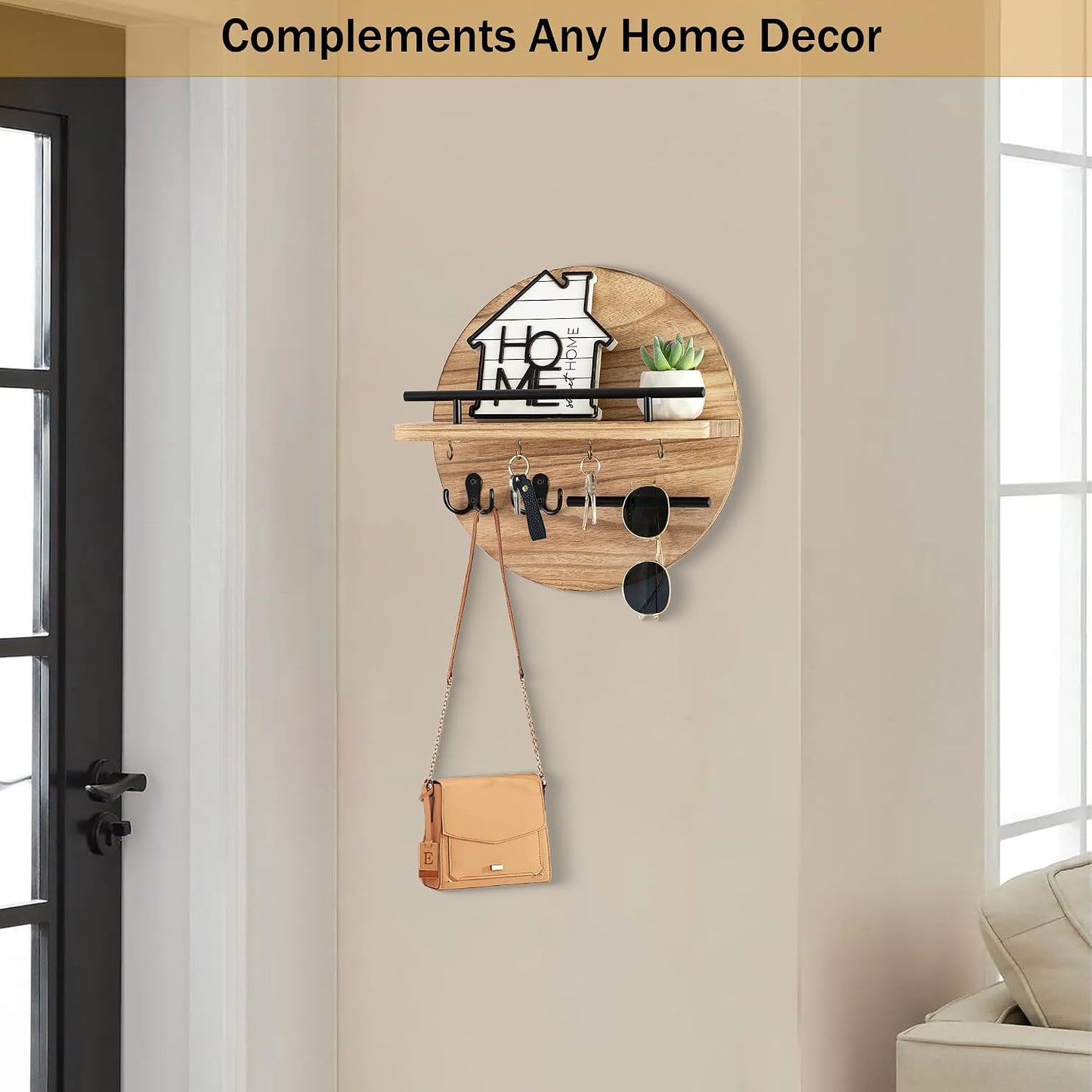 Key Holder for Wall Decorative with Shelf and Hooks, Mail Organizer Wall Mount with Sunglasses Holder, Circular Design Entryway Key Rack Hanger, Rustic Home Decor Boho Wall Decor (White)