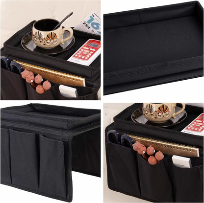 Sofa Armrest Organizer with Cup Holder No-Slip Couch Sofa Armrest Organiser Couch Remote Caddy Control Holder with 1 Large Pockets and 3 Small Pockets for TV Remotes Cellphone Magazines Drinks (Black)