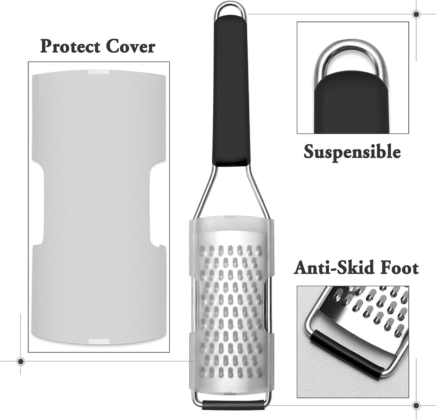 Cambom Lemon Zester Grater Three-piece Suit - Heavy Duty Kitchen Tool for Parmesan Cheese, Ginger, Garlic, Nutmeg, Chocolate, Vegetables，Fruits，Stainless Steel Grater Dishwasher Safe Black | 304 Stainless Steel, Sharp Tool for Parmesan Cheese, Ginger,