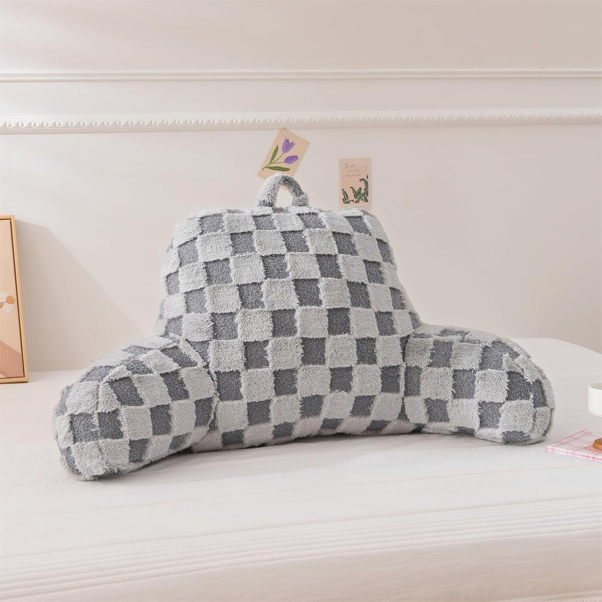 Aimuan Reading Pillow Checkered Bed Rest Wedge Backrest Checkerboard Pillow with Arms Back Support for Sitting Up in Bed Cushion Incline Rest Sleeping Snoring Pillow (Beige,Large)