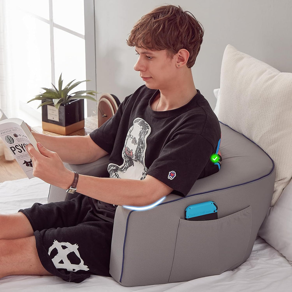 cooloo8 Reading Pillow with Armrests – Extra Large Memory Foam Gaming Pillow for Adult, Lap Desk for Laptop, Arm Rest for Working, Crocheting, Playing Game or Siting in Bed, Floor, Sofa, (Grey)