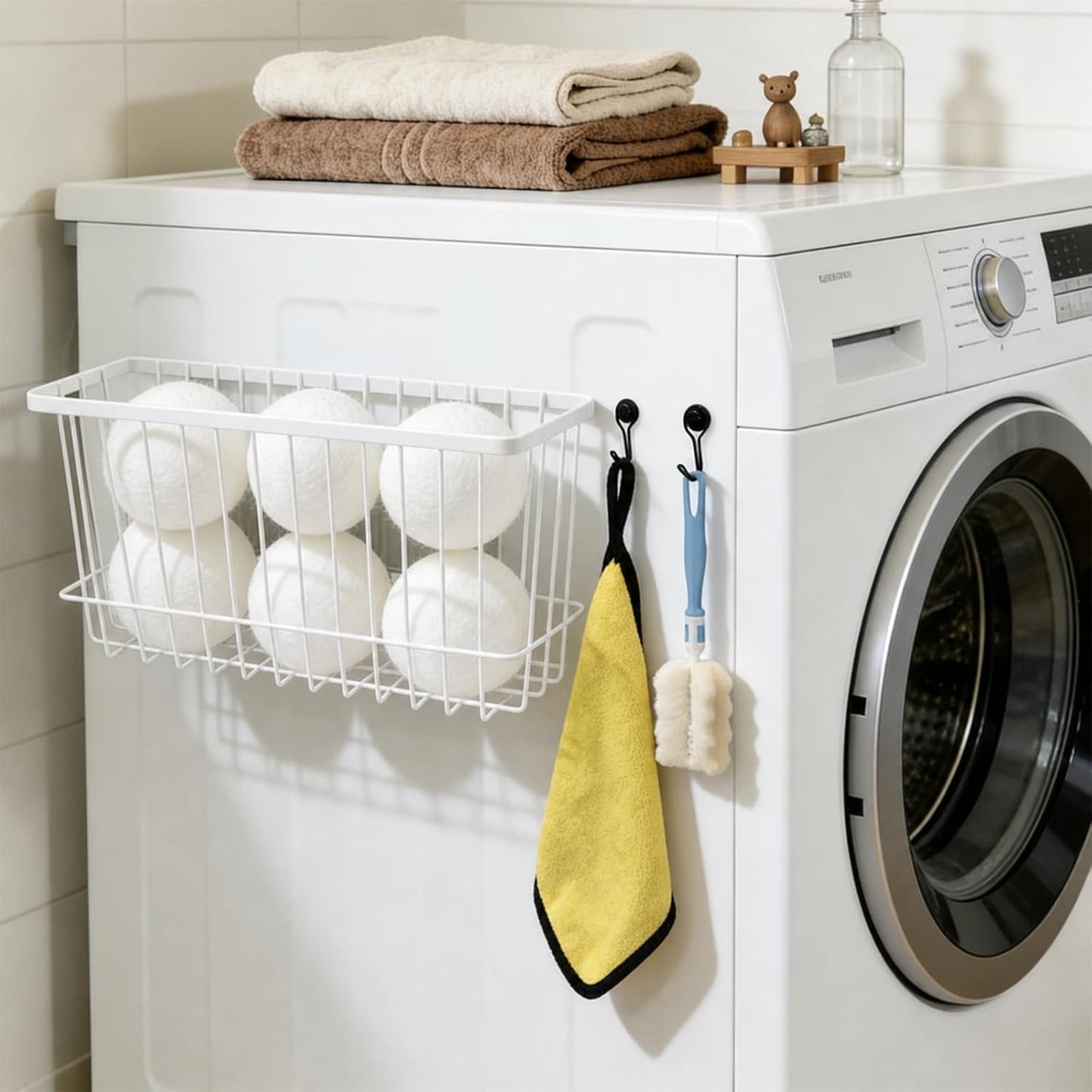 Magnetic Holder for Wool Dryer Balls & Lint Bin (2-Pack, Black) – Extra Long 14.2" & 10.4" Metal Laundry Trash Can – Washer Side Organizer with 4 Magnetic Hooks (Balls Not Included)