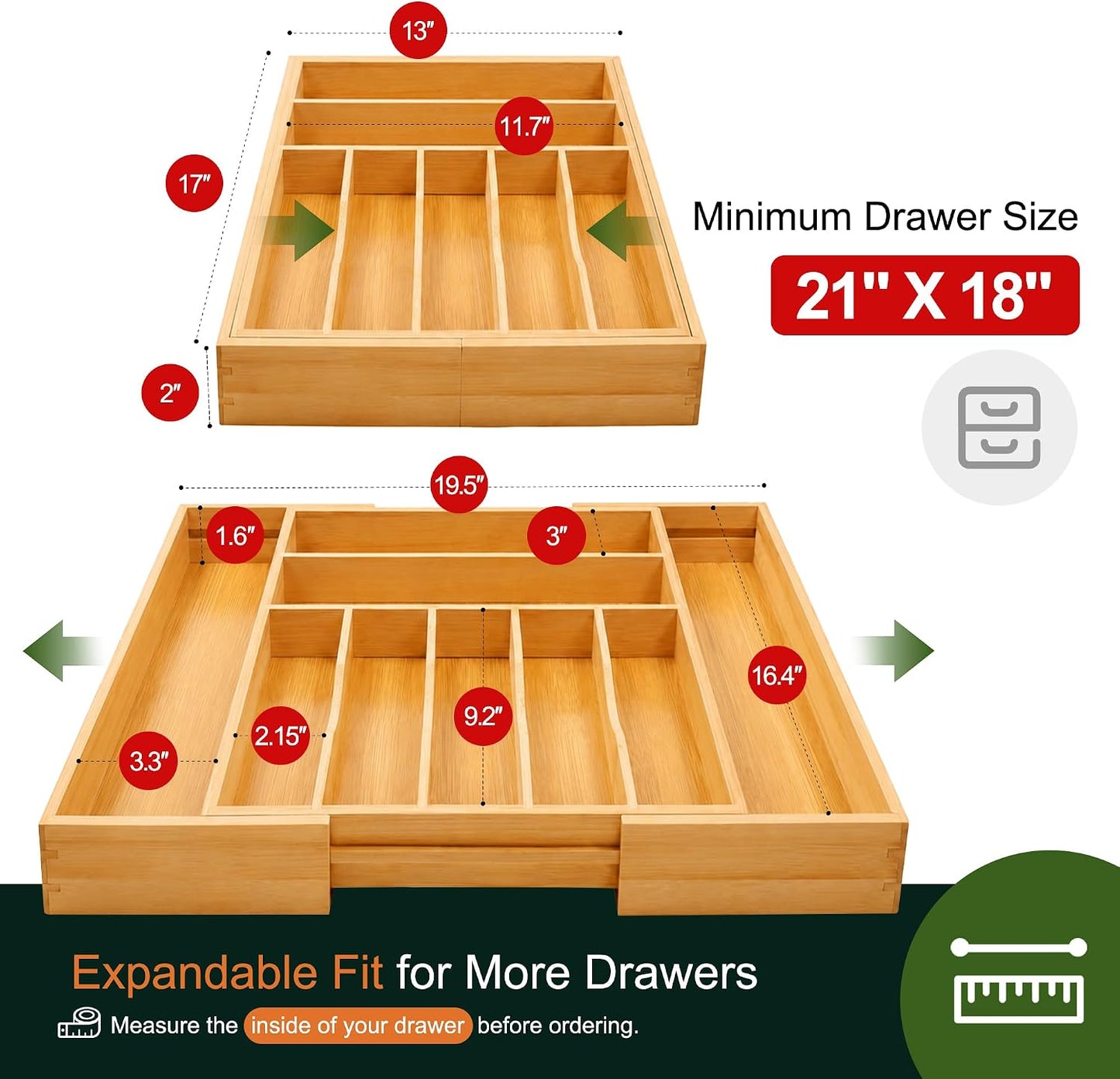 Expandable Bamboo Kitchen Drawer Organizer for Cutlery and Utensils, Adjustable Bamboo Wood Cutlery Tray in Drawer for Flatware and Silverware in Kitchen, (Natural)