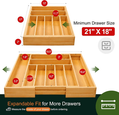 Expandable Bamboo Kitchen Drawer Organizer for Cutlery and Utensils, Adjustable Bamboo Wood Cutlery Tray in Drawer for Flatware and Silverware in Kitchen, (Natural)
