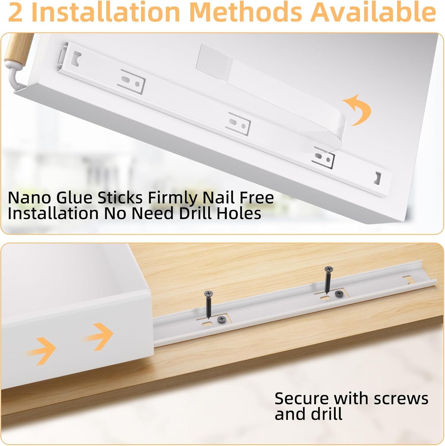 2 Pack 15.3'' Deep Expandable Slide Out Cabinet Shelf No-Drill Pull Out Drawer with Nano Film Adhesive, Heavy Duty Pull Out Tray for Kitchen, Pantry & Bathroom, Black