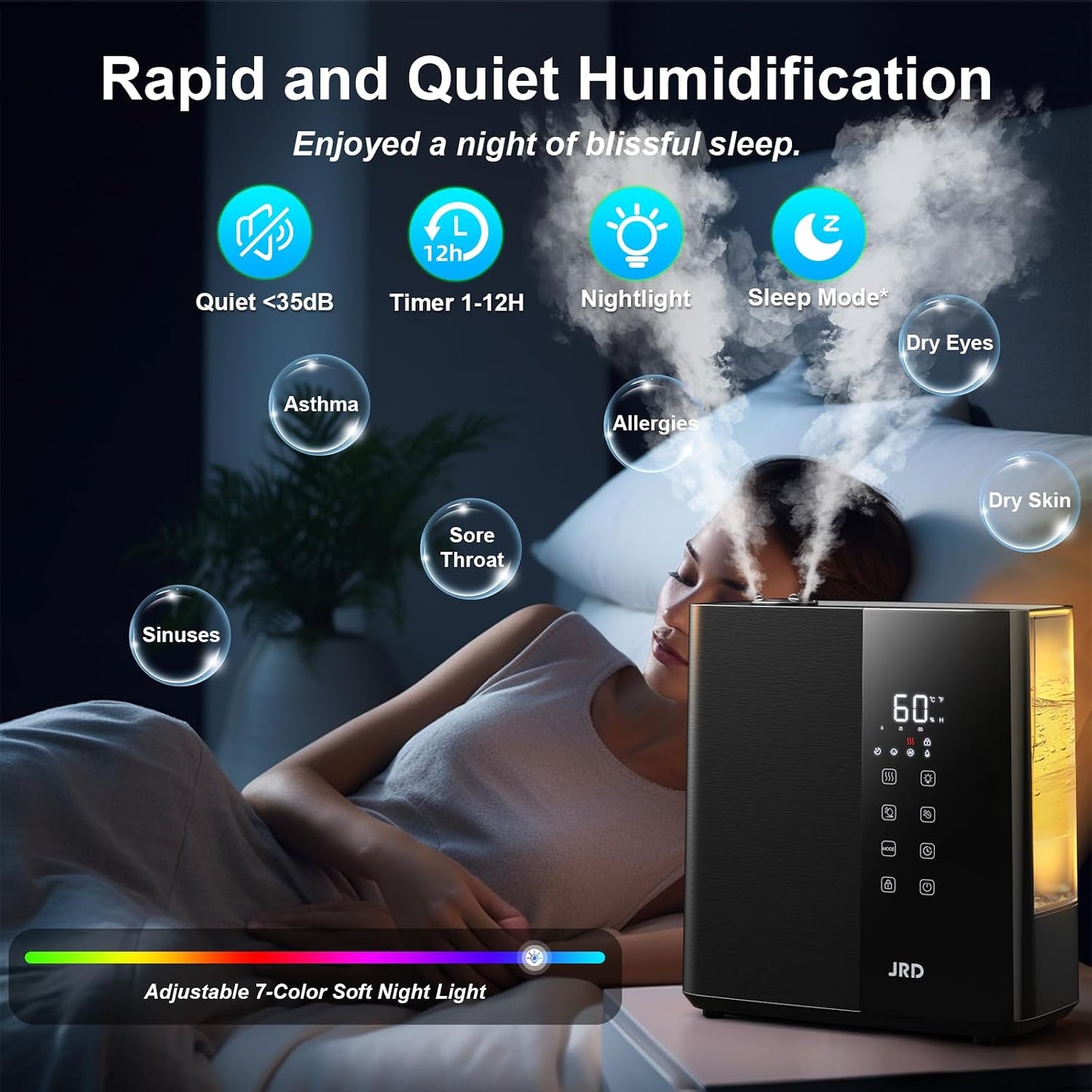 JRD Humidifiers for Bedroom, Ultrasonic Humidifier 4L for Large Room, Cool Mist Top-Fill, 40H Run, 12H Timer, 360° Nozzle, Aroma Diffuser, 7-Color Night Light for Home, Office, Baby-White