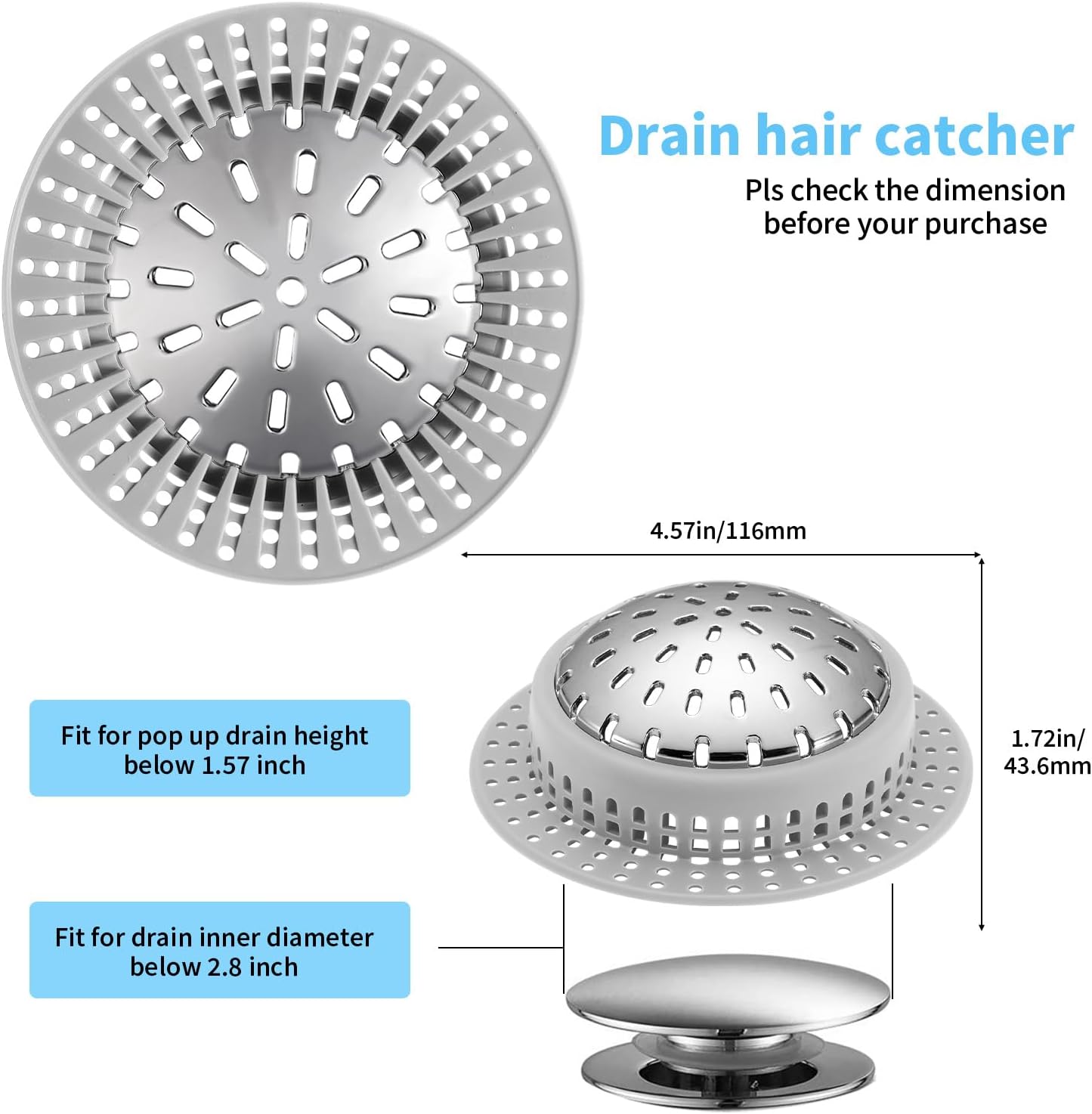 Aluvor Bathtub Drain Hair Catcher Shower Drain Cover Sink Drain Protector | Bathroom Sink & Bathtub Drain Strainer for Pop-Up & Regular Drains, grey