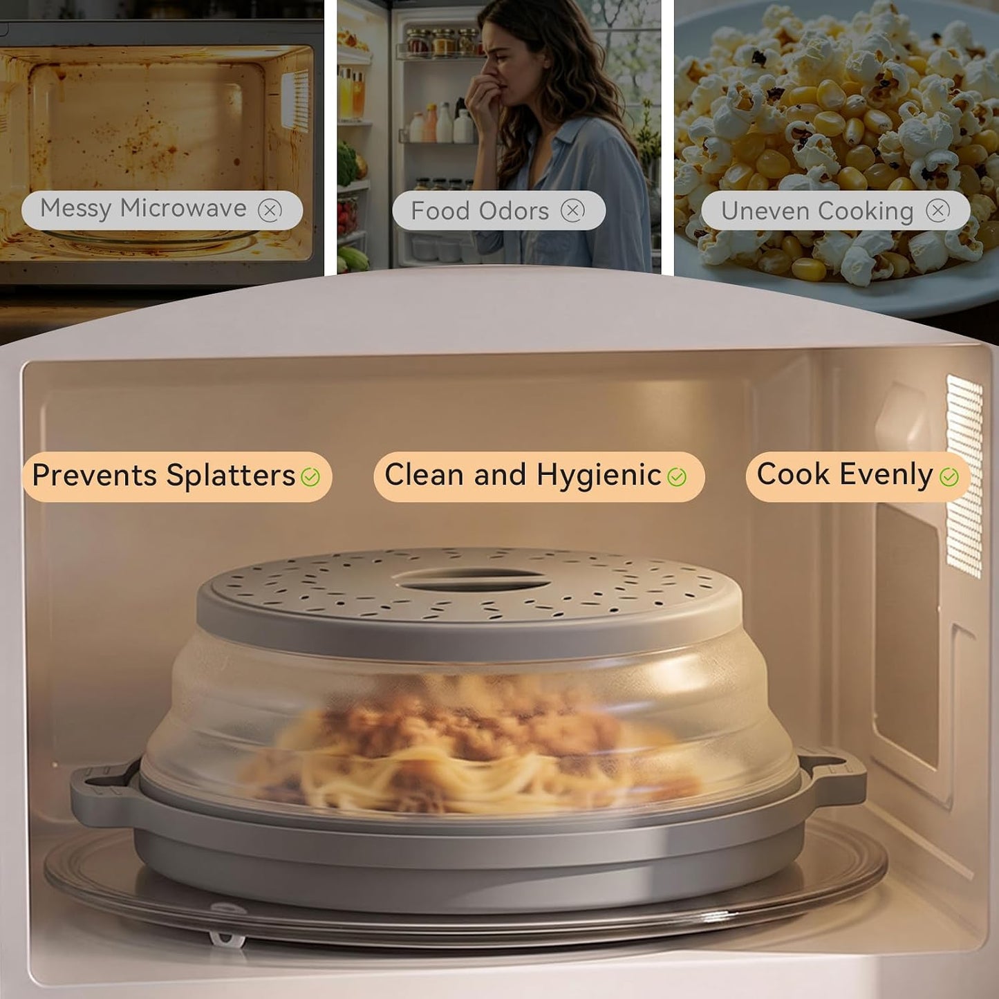 Microwave Splatter Cover for Food with Anti-scald Base Plate, Grey | Vented Collapsible Microwave Plate Cover Lid with Hook Hole, Splatter Guard Vegetable Fruit Colander Kitchen Gadget