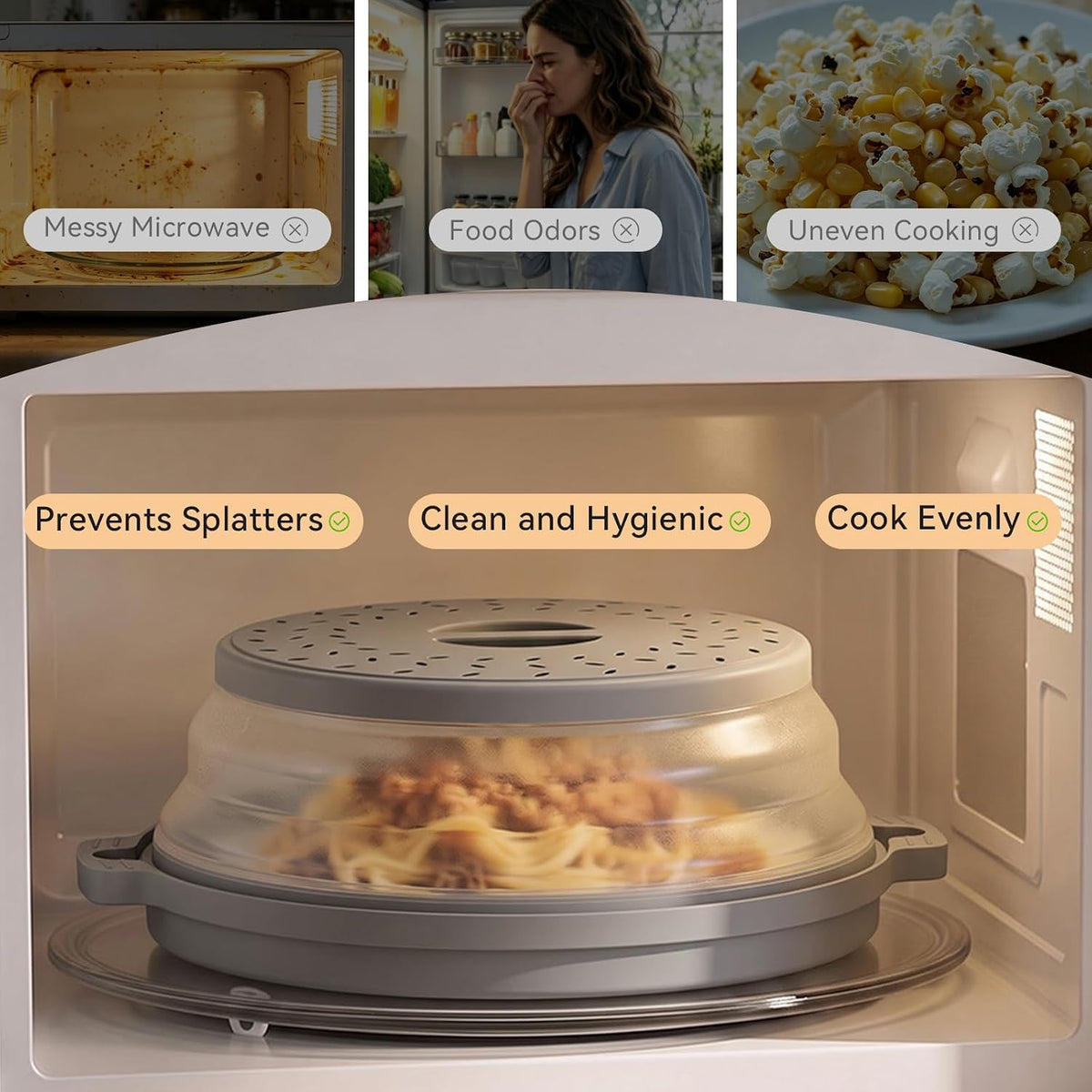 Microwave Splatter Cover for Food with Anti-scald Base Plate, Grey