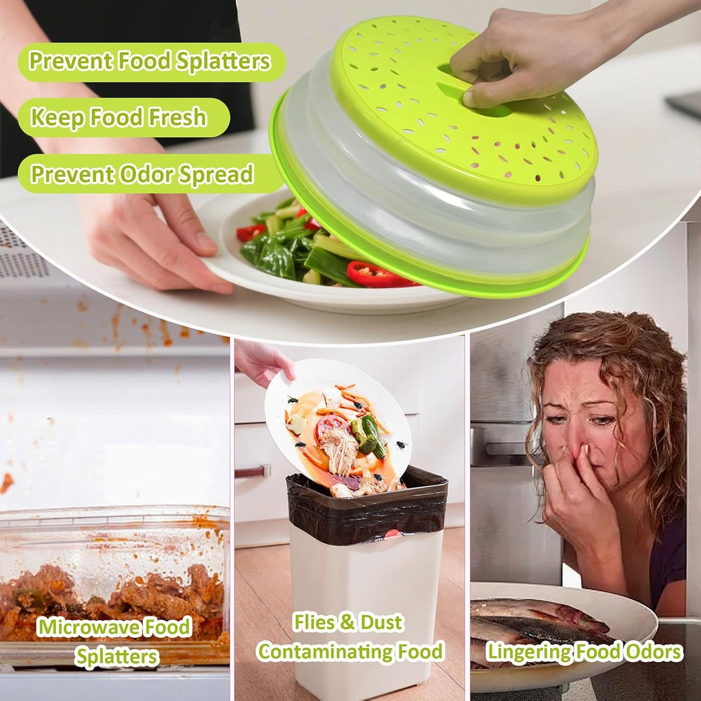 3 in 1 Microwave Splatter Cover 2 Pack Collapsible Food Cover for Food Heat Resistant Microwave Plate & Dish Cover with Handle Vented Silicone Splatter Guard Lid(Green)
