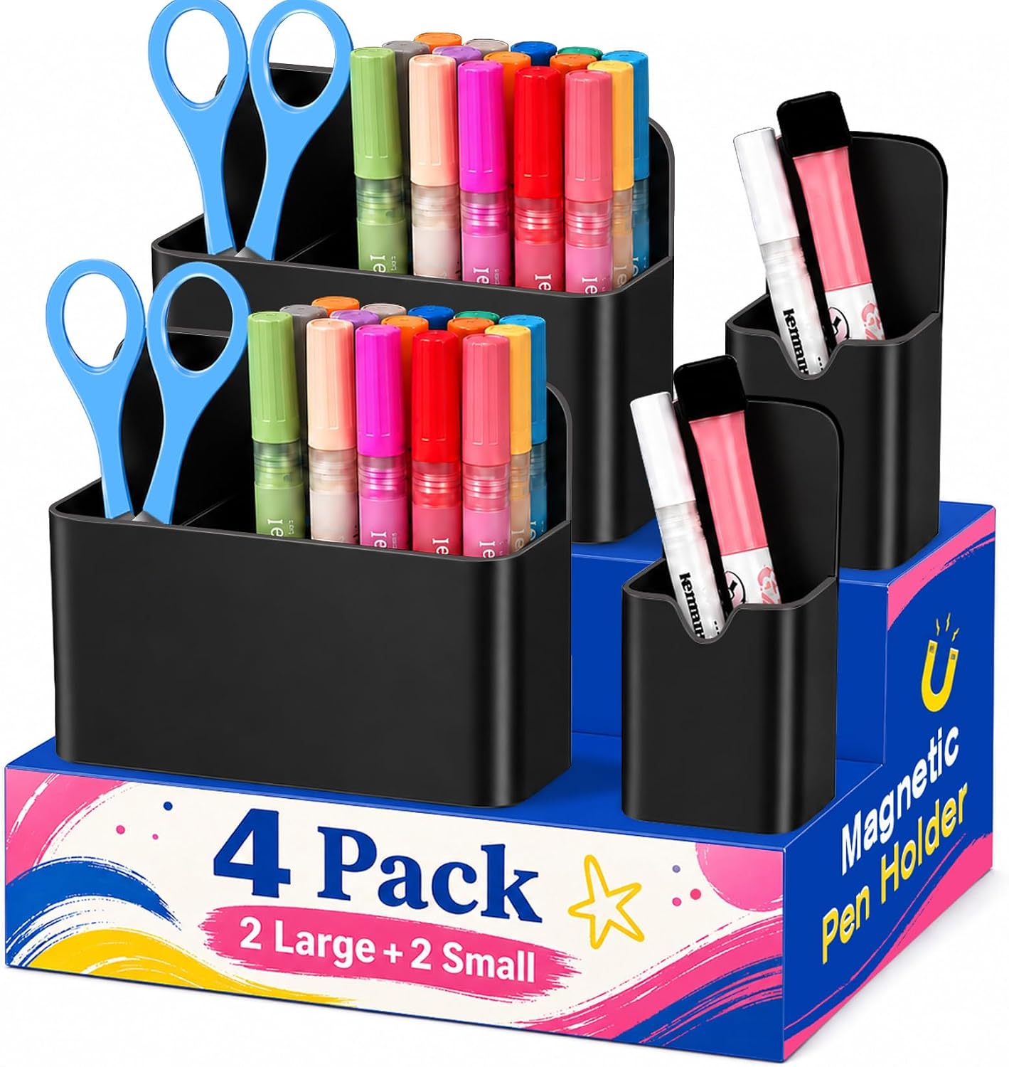 Magnetic Pen Holder, Magnetic Marker Holder, 4 Pack, White | Magnetic Cups for Dry Erase Markers, Pen Organizer for Whiteboard, Refrigerator, Locker, Cruise, Classroom, Office, School