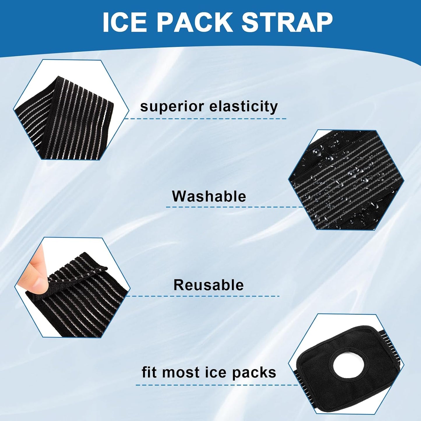 4 Pcs Ice Pack Strap, Adjustable Support Wrap, Ice Pack Wrap Extender Straps, Multipurpose Elastic Hook and Loop Extension Strap, Ice Bag Strap for Wrists, Arms, Waists, Knees Ice Belt, 41 Inches
