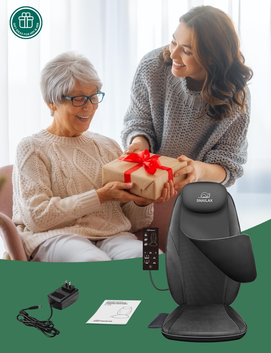 Snailax Shiatsu Back Massager with Heat, Deep Kneading Massage Chair Pad for Neck, Shoulders, Full Back & Waist, Adjustable Roller Massage Seat Cushion for Home Office, Pain Relief, Gift for Men Women