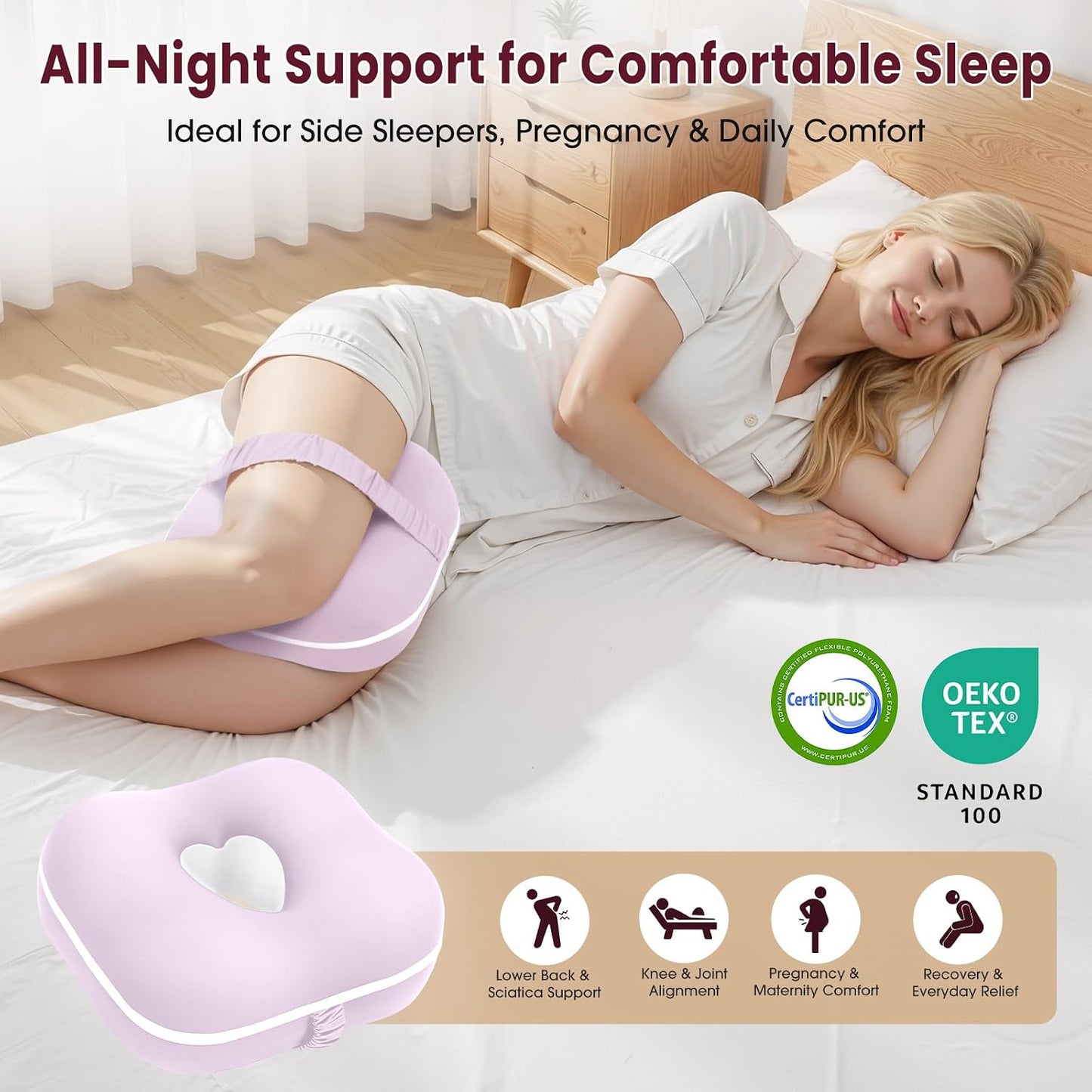 Memory Foam Knee Pillow for Side Sleepers, Supportive Leg Pillow with Heart Cutout Design and Adjustable Strap, Contoured Between Knees Pillow for Side Sleeping, Alignment Support, Gray