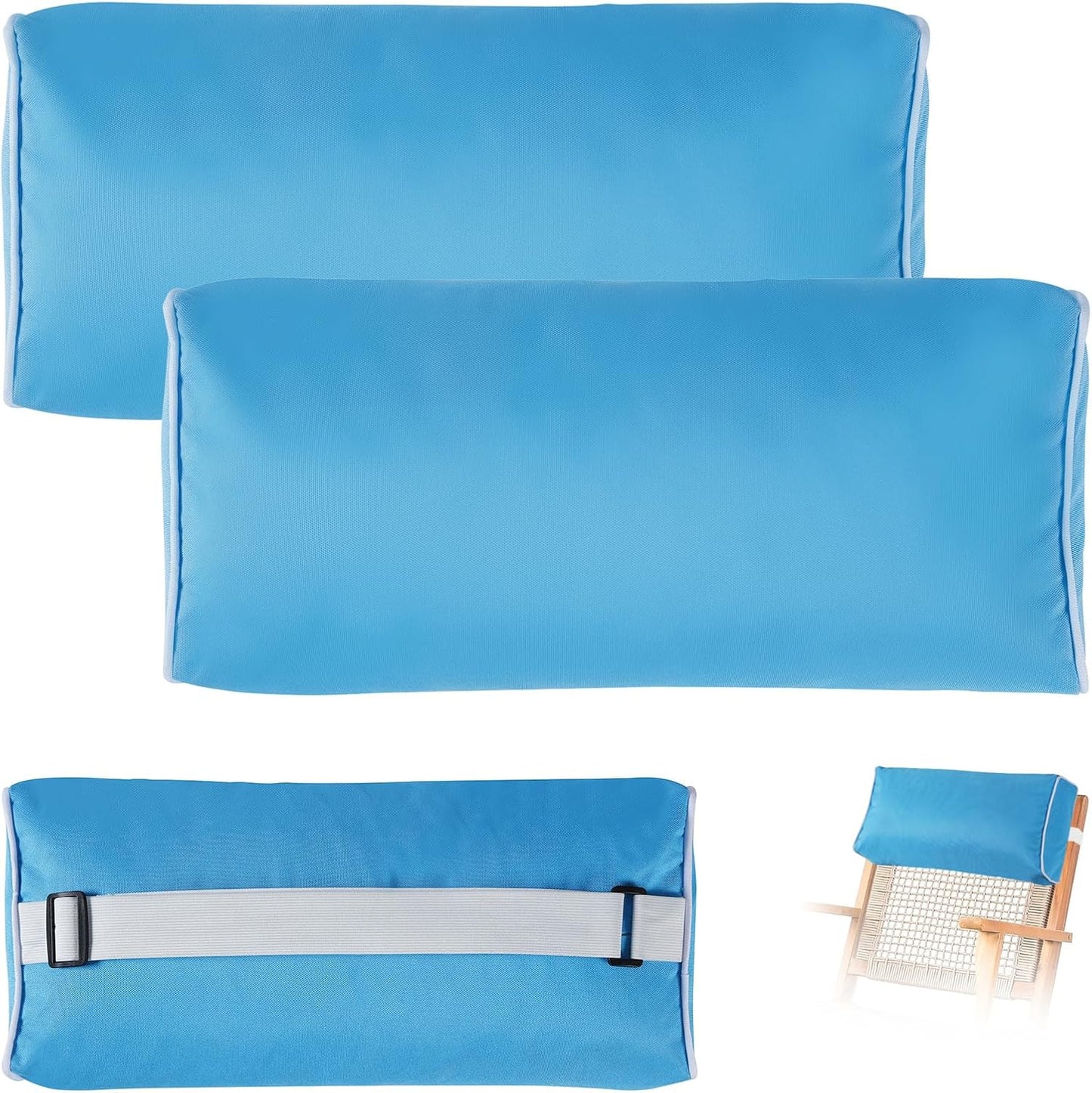 2 Pack Outdoor Chaise Lounge Head Pillow, Patio Pool Chair Pillows Water Resistant Headrest Pillow Lumbar Pillows with Insert and Adjustable Elastic Strap for Recliner Beach Chair, Dark Gray