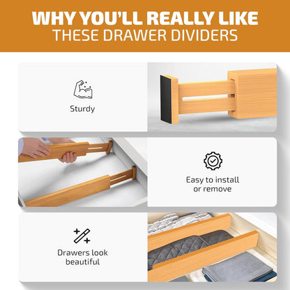 4-Pack Drawer Dividers 2.6-Inch High Dresser Organizer 16 to 22 Inch, Black | Bamboo, Spring Loaded, No Tools Needed, Fits Wide Drawers for Socks, Clothes, Utensils, Bedroom, Bathroom, Kitchen, Office