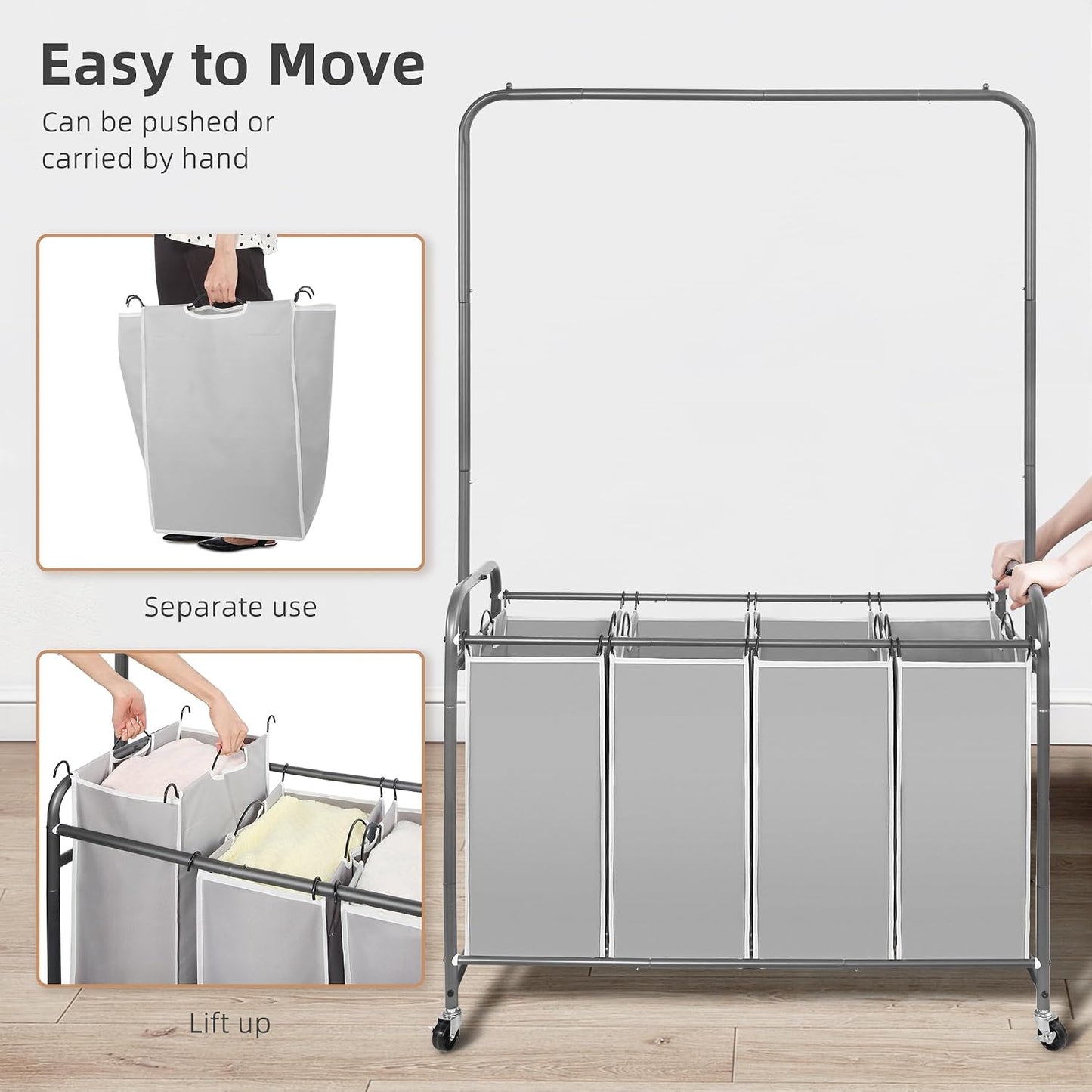 STORAGE MANIAC Laundry Sorter with Hanging Bar, Portable, Removable Laundry Hamper Cart with Heavy Duty Lockable Wheels and Removable Bags, Rolling Laundry Basket Organizer 181L, 4 Section Gray