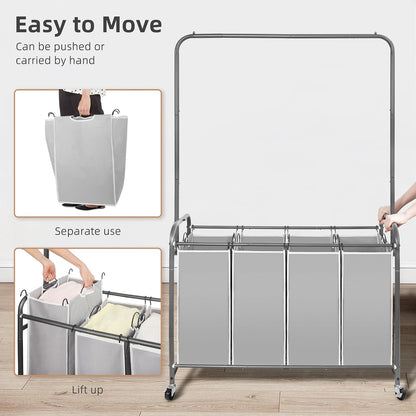 STORAGE MANIAC Laundry Sorter with Hanging Bar, Portable, Removable Laundry Hamper Cart with Heavy Duty Lockable Wheels and Removable Bags, Rolling Laundry Basket Organizer 181L, 4 Section Gray