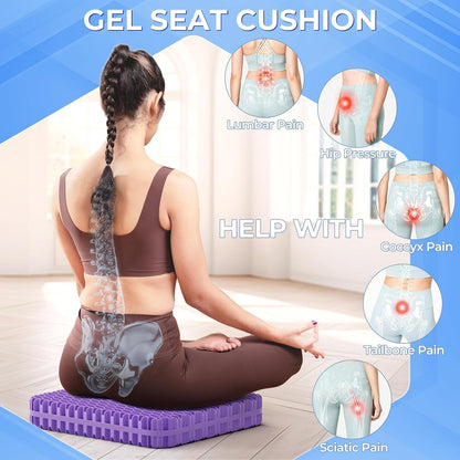 TushGuard Gel Seat Cushion for Long Sitting, Breathable Thick Patent Design | Enlarged Cooling Chair Pad for Office, Wheelchair, Soft Car Cushion for Back, Hip, Sciatica (Standard, Black+Violet)