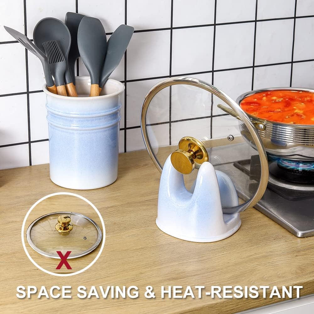 Nihow Ceramic Pot Lid Holder While Cooking for Kitchen Counter/Stove Top | Blue,Stable, Dishwasher Safe, Keep Counter Top Tidy and Clean,Water Proof,Saving Space,Heat Resistant