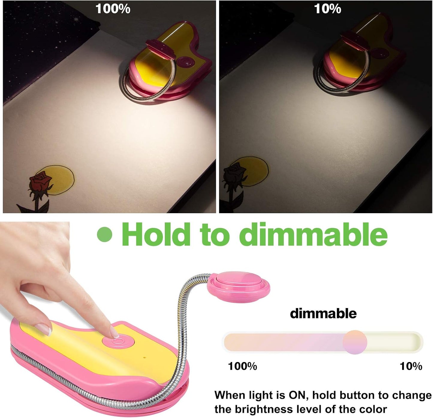 BIGMONAT Rechargeable Book Reading Light in Bed,Dimmable Warm/White Book Light for Kids,Multi Colors Portable LED Reading Lamp with Rotary Light Neck,Wireless Clip on Reading Light for Student(Green)