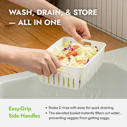 11.4 Cup Produce Saver Container for Fridge with Colander 2.7L | Airtight Fruit & Vegetable Storage Bin, Removable Strainer Basket, BPA-Free, Stackable, White Colander
