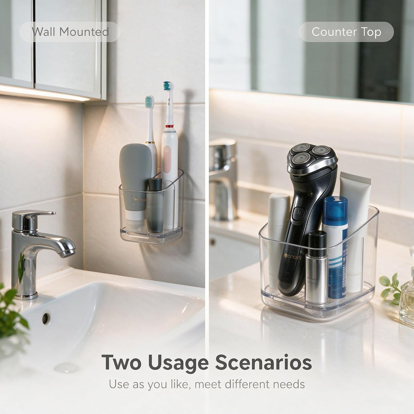 Toothbrush Holders for Bathroom - Detachable Divided Design, Drawer Drainage Tray, Adhesive Wall-Mounted/Countertop Dual-Use, Large Capacity Organizer for Bathroom/Kitchen/Office, Easy Install (Clear)