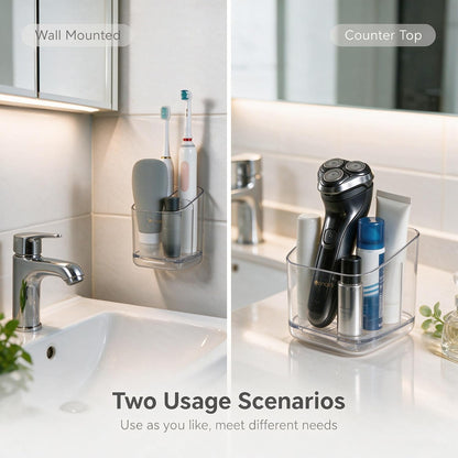 Toothbrush Holders for Bathroom - Detachable Divided Design, Drawer Drainage Tray, Adhesive Wall-Mounted/Countertop Dual-Use, Large Capacity Organizer for Bathroom/Kitchen/Office, Easy Install (Clear)