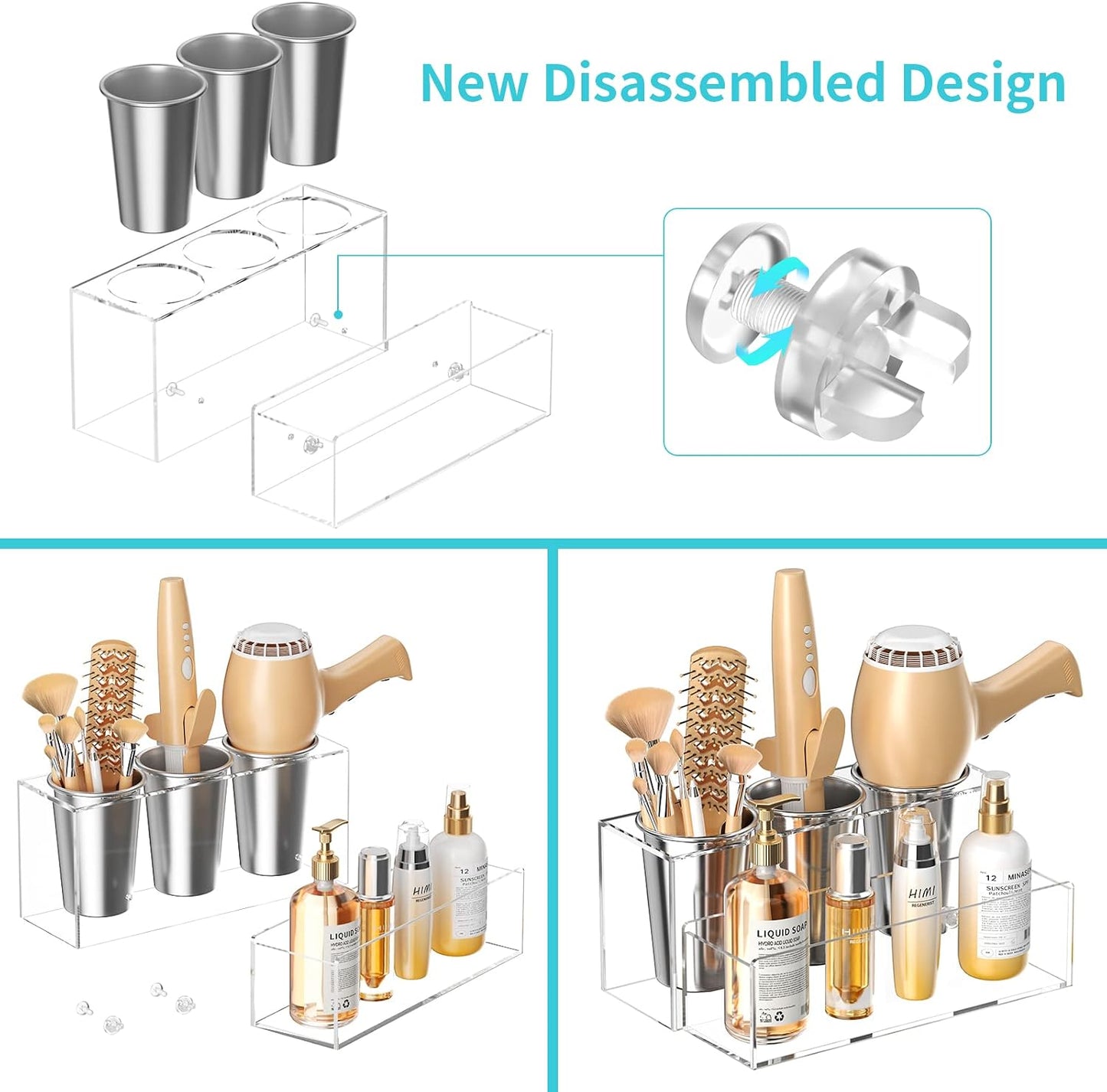 Hair Tool Organizer, Acrylic Hair Dryer Holder, Bathroom Countertop Blow Dryer Stand Storage, Vanity Organizer for Accessories, Makeup, Flat Irons, Curling Irons, and Toiletries (White)