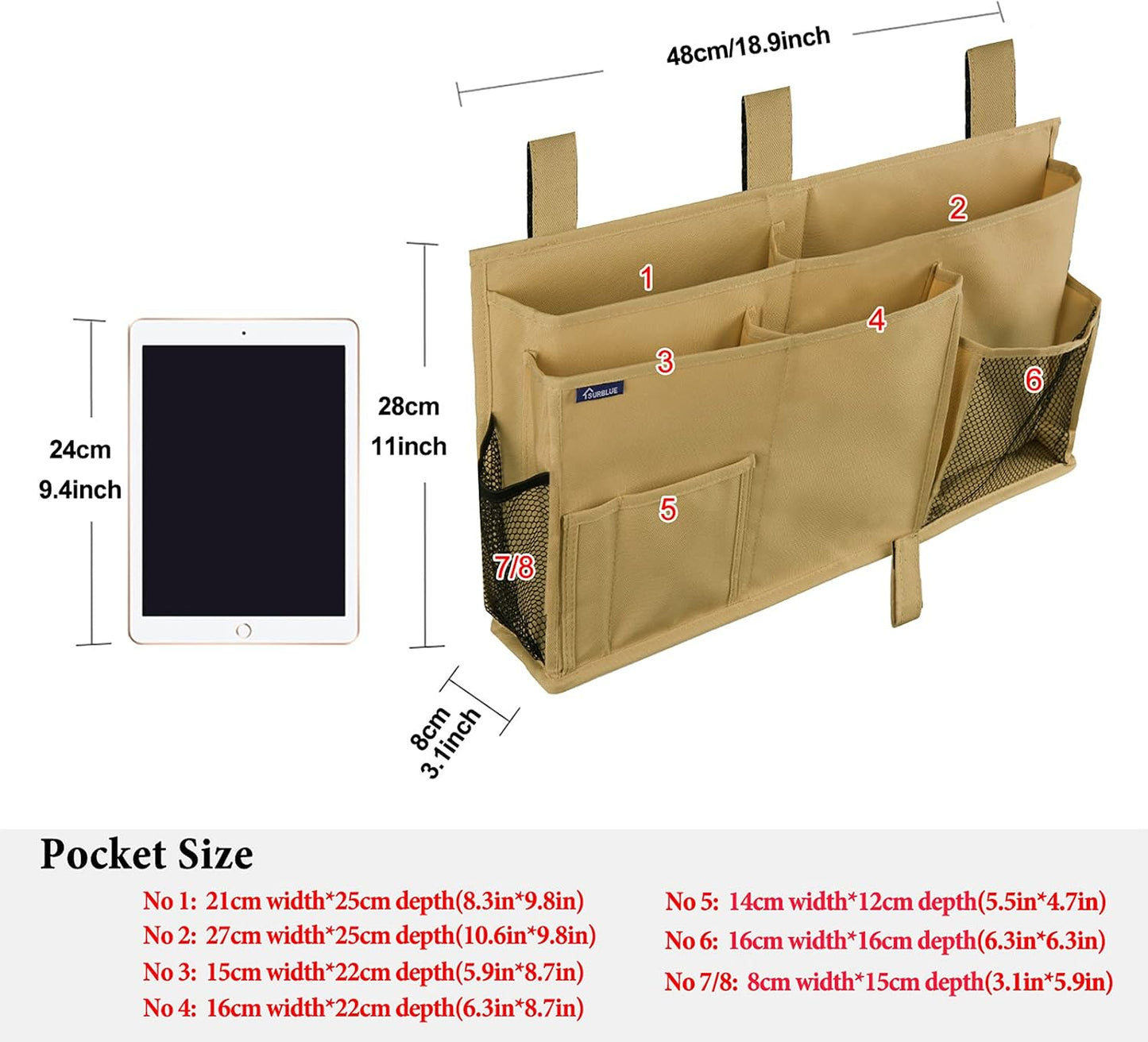 Surblue Bedside Caddy Hanging Organizer Storage Bag Pocket for Bunk, Hospital, College Dorm Rooms, Baby Bed Rails, Camp - 4 Pockets, 2 Hooks (Blue)