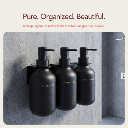 Black Soap Dispenser Set for Bathroom – 3-Packs Refillable Bottle Set, Soft Touch Pump Bottles Wall Mount Hooks Stickers Glue with Vanity Sink Placement Modern Design