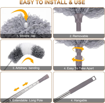 Microfiber Duster for Cleaning Fan, High Ceiling, Blinds, Furniture, Cars , 9PCS Extendable Feather Duster (Stainless Steel) 30 to 100 Inches, Reusable Bendable Washable