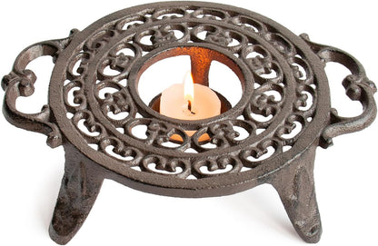 6.1 Inches Cast Iron Teapot Warmer Dish Cups Trivet,Flower-Shaped Design with Tealight Holder - Heavy Duty & Decorative Candle Holder Stands for Heat Food Coffee Milk or Tea