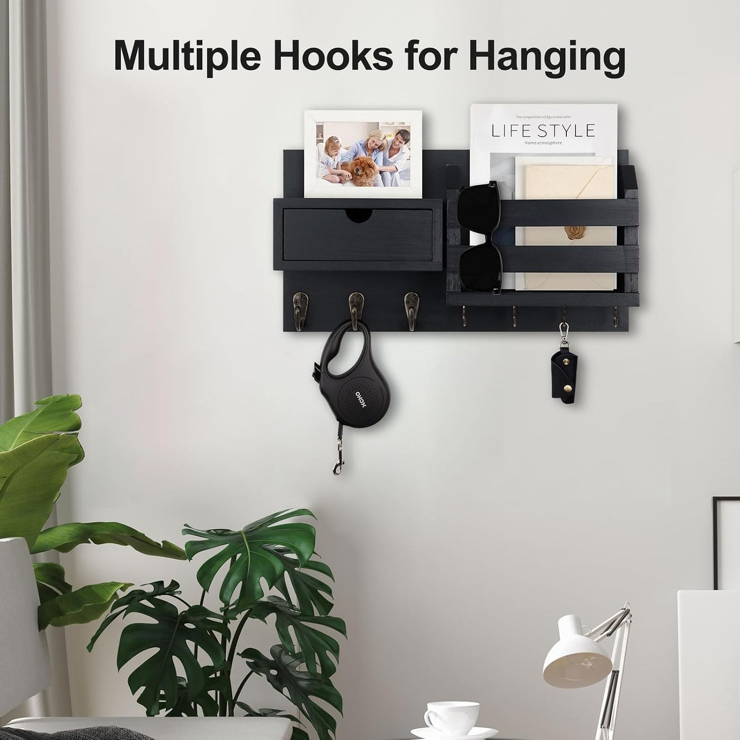 Lwenki Wall Mount Key Holder with Mail Organizer, 100% Paulownia Wood, 7 Metal Hooks, Storage Drawer, Entryway Home Decor (Brown)