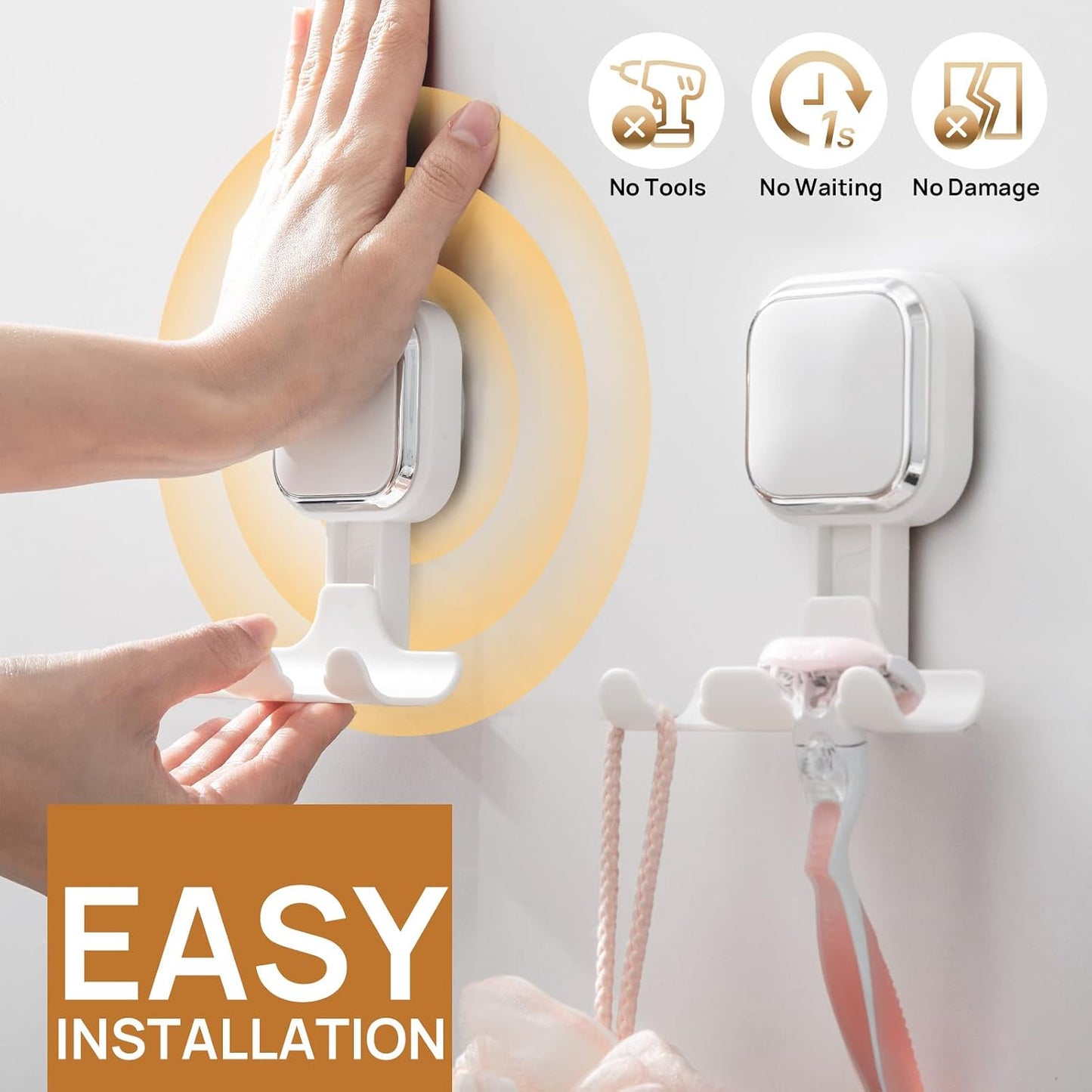Razor Holder for Shower 2 Pack, Powerful Vacuum Suction Cup Hook for Towel, Loofah, Razor, Squeegee, Damage-Free Wall Shower Hook, Shaver Holder for Bathroom, Easy to Install and Reuse, Black