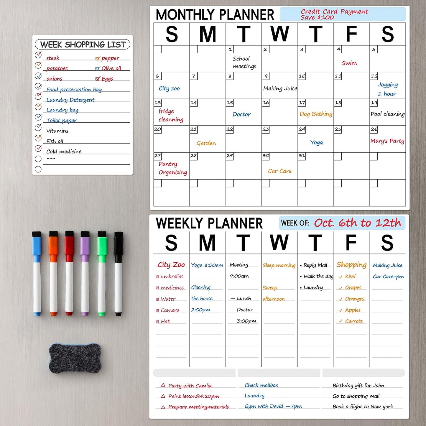 3 Pack Dry Erase Magnetic Calendar for Refrigerator - Monthly & Weekly & Daily Planner Magnet Whiteboard for Fridge Wall - Shopping, Meal/Menu, To Do List, Family Schedule Planning Board (10HB-RIZH3)
