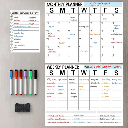 3 Pack Dry Erase Magnetic Calendar for Refrigerator - Monthly & Weekly & Daily Planner Magnet Whiteboard for Fridge Wall - Shopping, Meal/Menu, To Do List, Family Schedule Planning Board (10HB-RIZH3)
