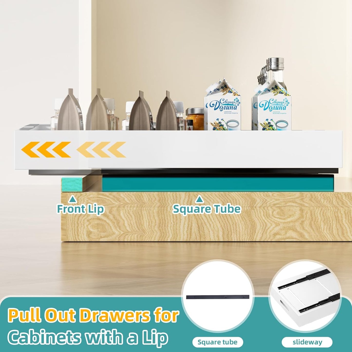 HBL' 1 Pack | 21" Deep Pull Out Cabinet Organizer Adhesive, 10-Inch Wide Sturdy Carbon Steel Roll-Out Drawers, Designed for Frameless Cabinets, Slide-Out Shelves for Pantry.