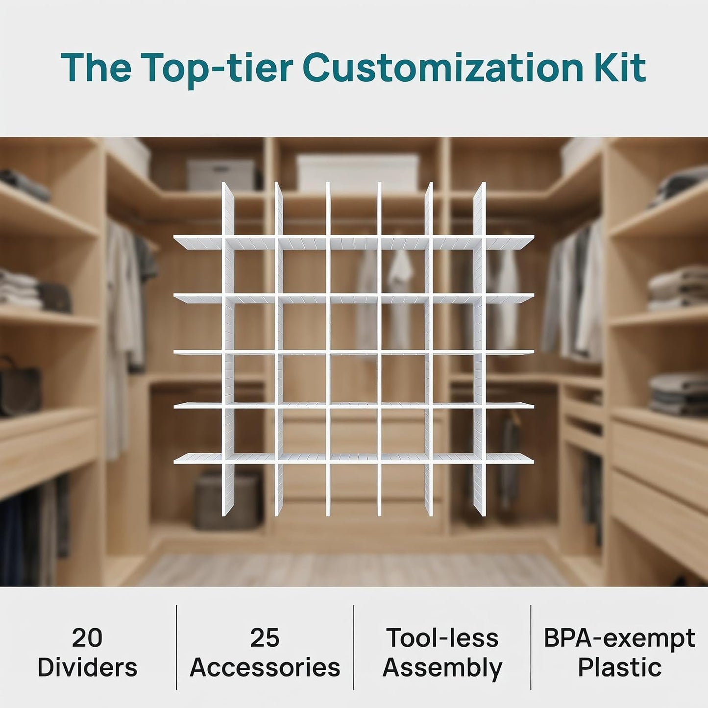 Adjustable Plastic Drawer Separators, 15 PCS Dividers + 25 Connectors, 14.96" Length x 4.33" Height, Cuttable Storage Organizer for Socks, Garments, Kitchen Tools, Bedroom & Bathroom Drawers