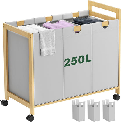 250L Laundry Sorter with Wheels, 3-Section Laundry Hamper, Black | 66 Gal Large Laundry Cart with Removable Bags, Rolling Laundry Basket, Water-Resistant, Bamboo Frame, Laundry Room Organizer