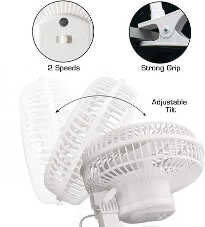 Hurricane 2-Pack Classic Clip-On Table Fan with 2 Quiet Speeds, White, 6" - Portable Corded Electric Air Cooling Unit with 306 CFM and Adjustable Tilt for Desk, Shelf, Home, Office or Dorm Use