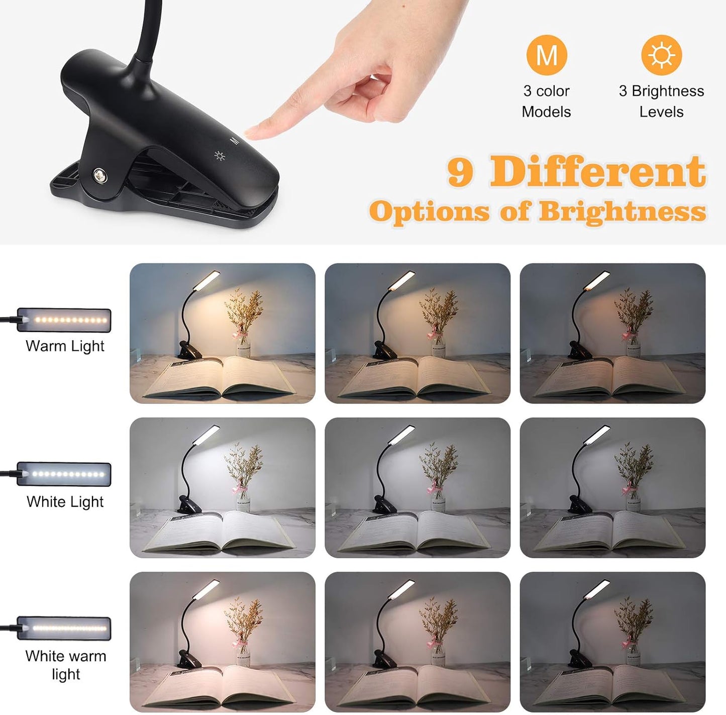 LED Reading Light with Clip USB Rechargeable Book Lights, 24 LEDs Flexible Neck Night Bed Lamp, Touch Control Portable Clamp Desk Lamps for Bed Headboard, Computers -Black