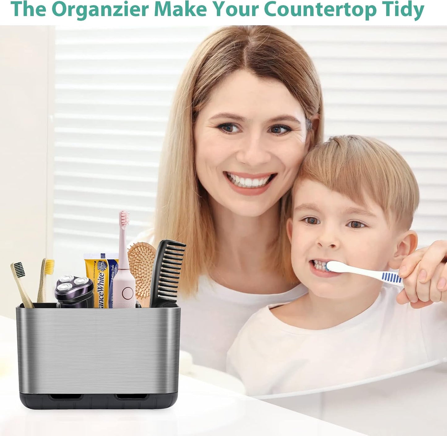 Boperzi Toothbrush and Toothpaste Holder Drainage for Bathroom Countertop with Adjustable Dividers, Large Toothpaste Caddy Organizer Storage Rustic Decor Set Anti-Slip for Shower,Family,Kids Gray