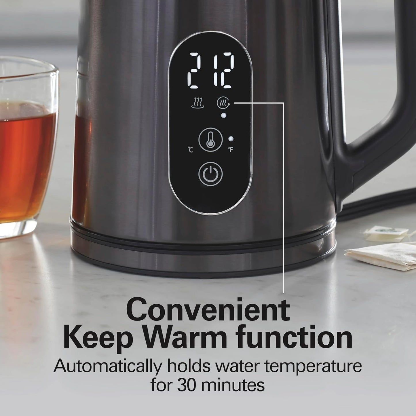 Hamilton Beach Digital 1.7L Electric Tea Kettle, Water Boiler & Heater | Fast Boiling 1500 Watts |Temp Control + 5 Presets | BPA Free | Cordless Serving | Auto-Shutoff & Boil-Dry Protection | Black