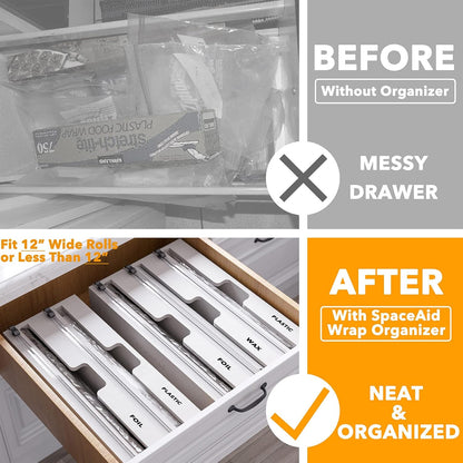 SpaceAid WrapNeat 2 in 1 Wrap Organizer with Cutter and Labels, Plastic Wrap, Aluminum Foil and Wax Bamboo Dispenser for Kitchen Storage Organization Holder for 12" Roll (Natural)